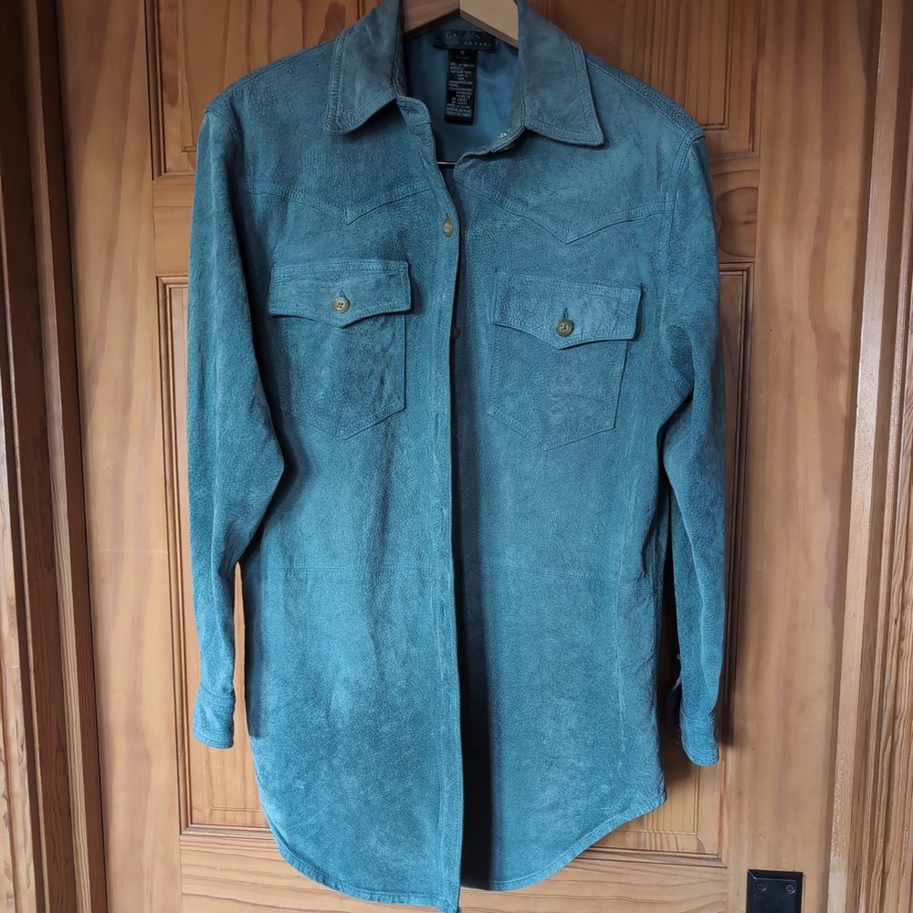 VTG Lauren Ralph Lauren Suede Leather Western Button Down Shirt Jacket S Teal